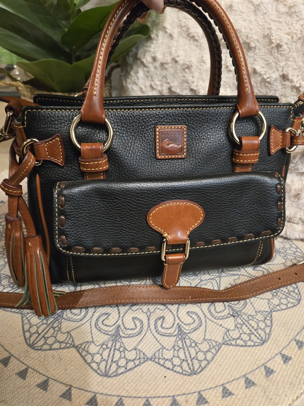 Dooney & Bourke Black with Brown Trim Pebbled Leather Satchel FLORENTINE BEAUTY